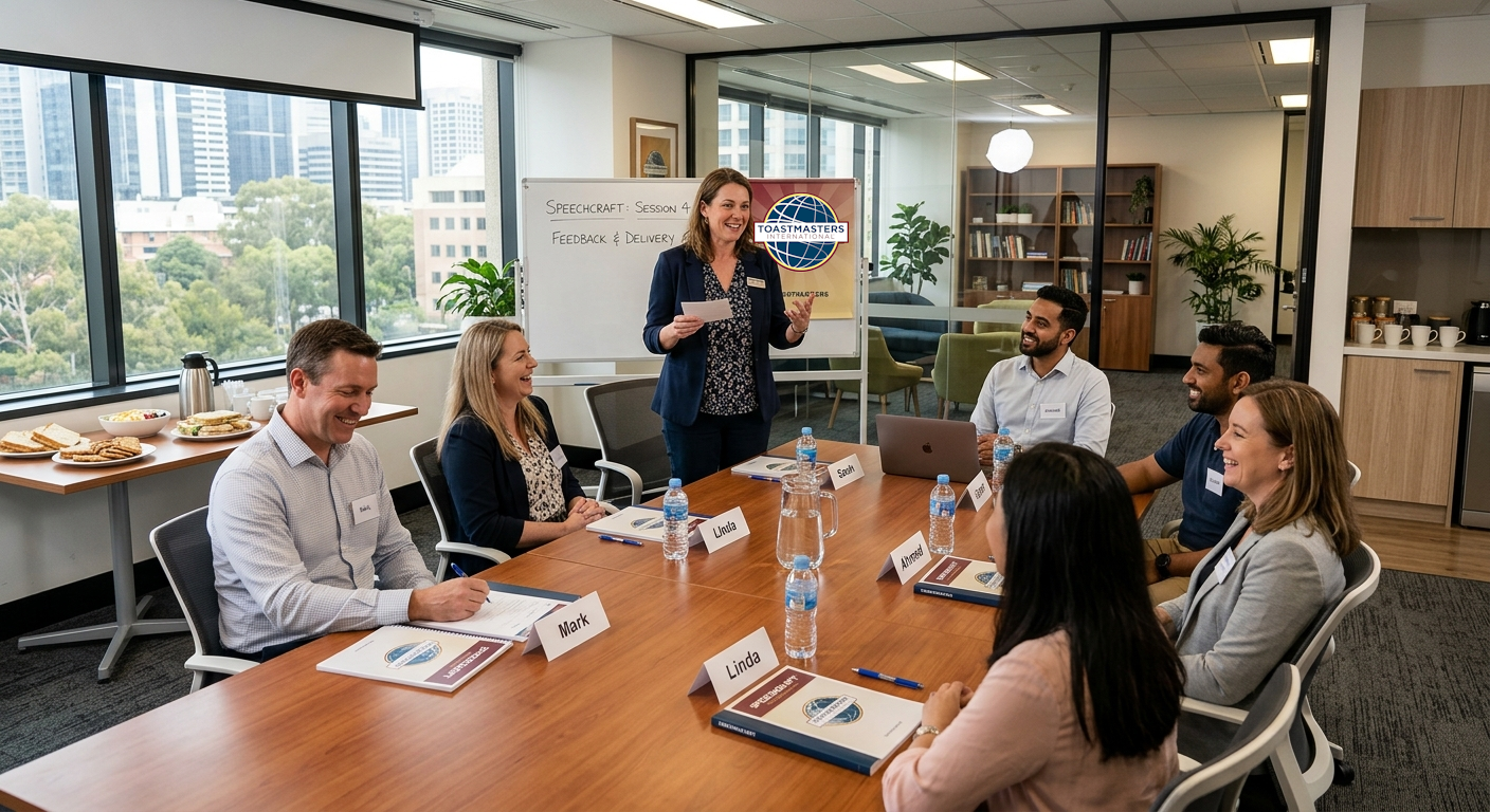 Representation of a Speechcraft session. A woman present Speechcraft material to a group of people in a office.